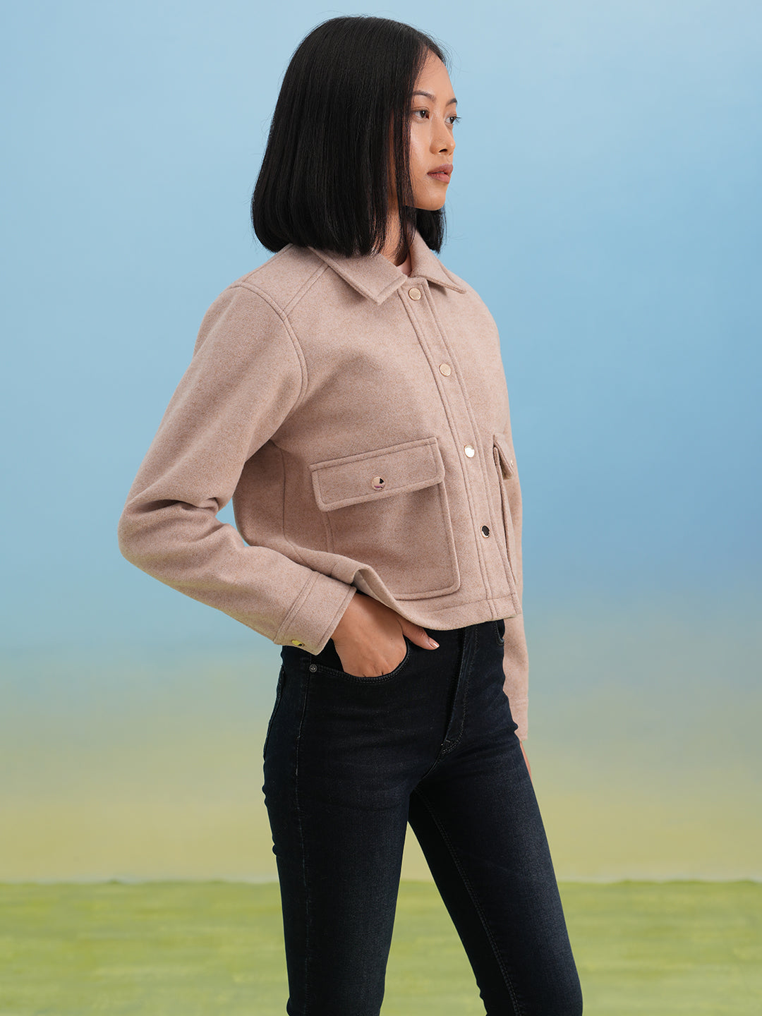 Beige Double-Pocket Cropped Shacket
