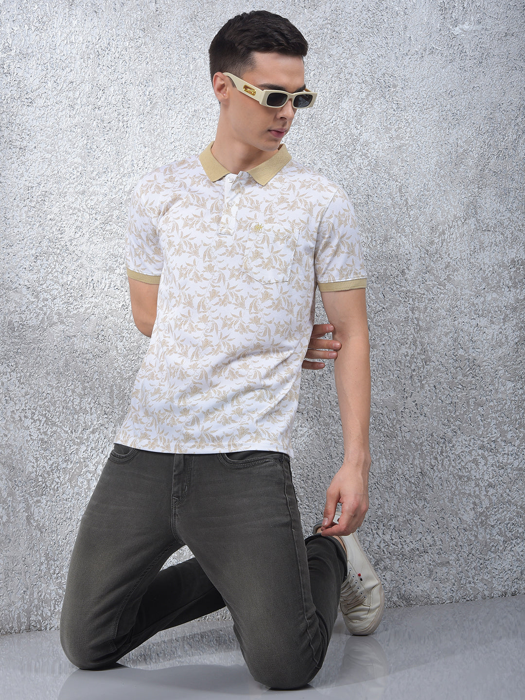 Olive Floral Print Polo-Neck T-Shirt