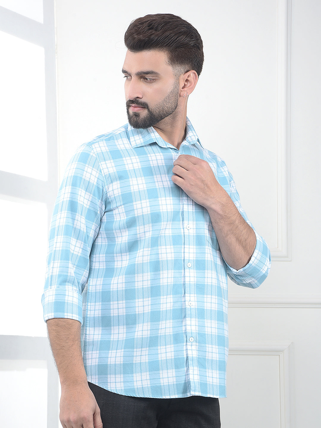 Stratum Ice Blue Checked 100% Cotton Shirt
