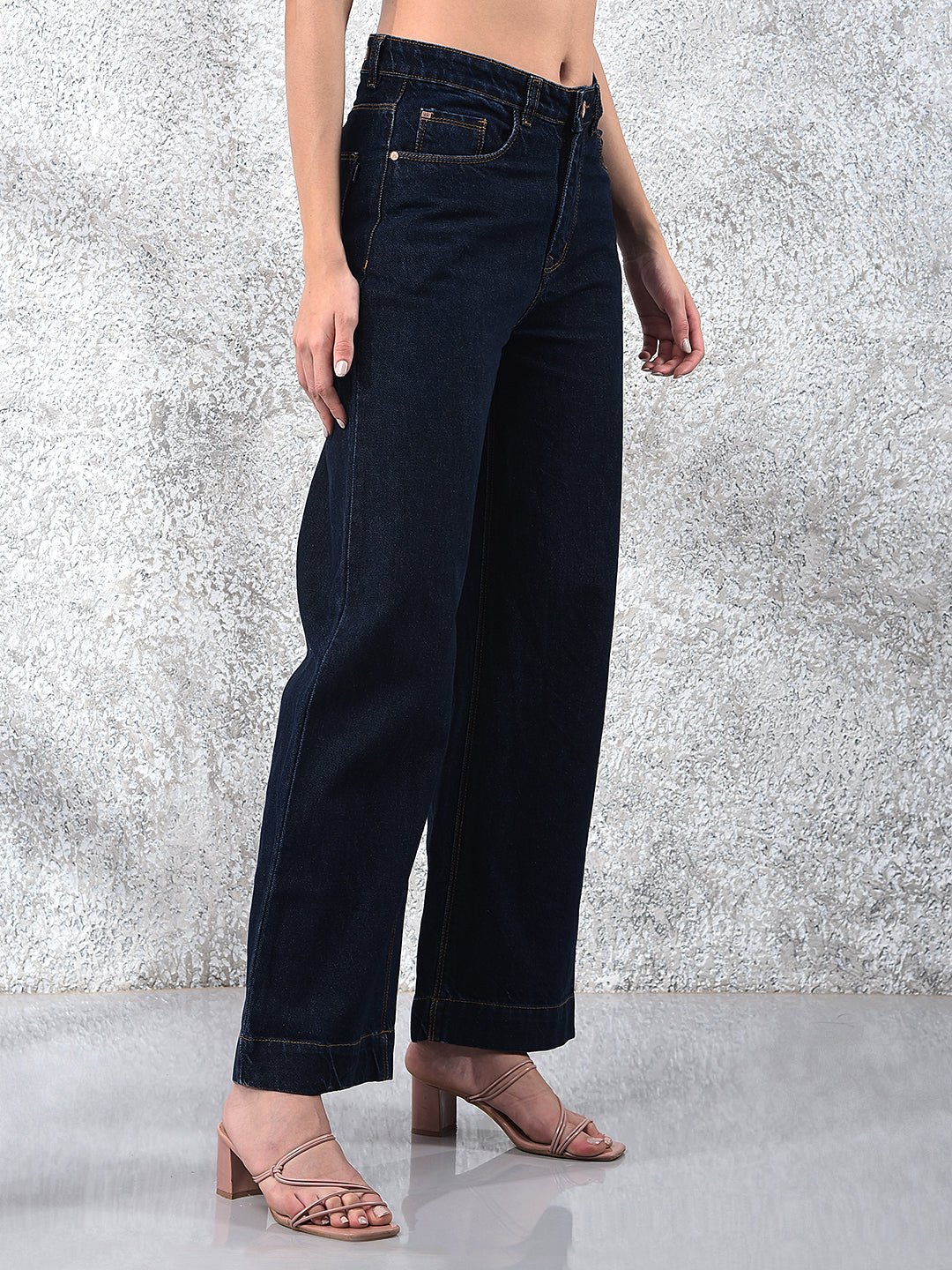 Flowy Navy Blue Wide-Leg Cotton Jeans-Women Jeans-Crimsoune Club