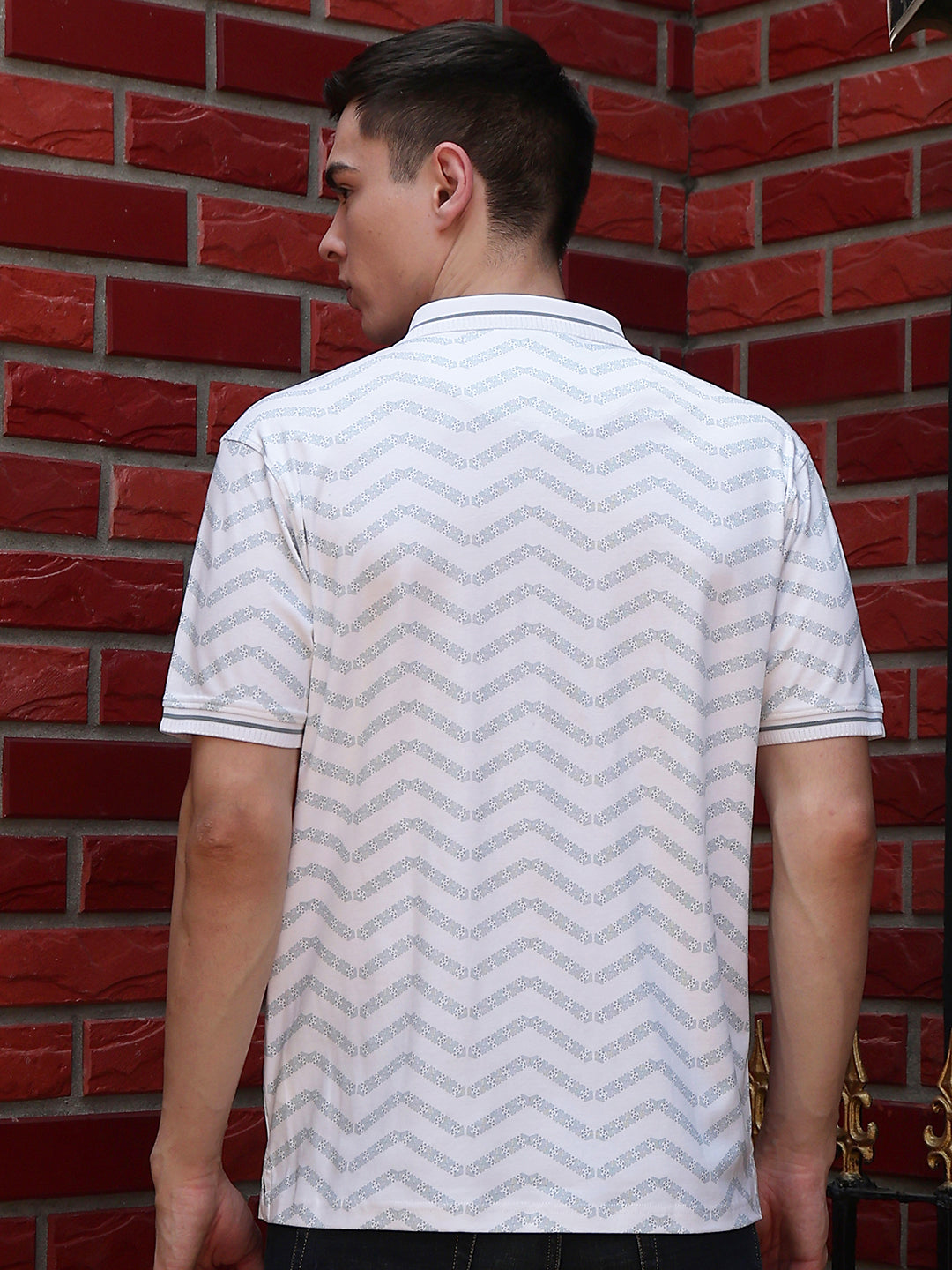 White Printed Polo Neck 100% Cotton T-Shirt