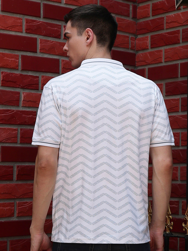 White Printed Polo Neck 100% Cotton T-Shirt