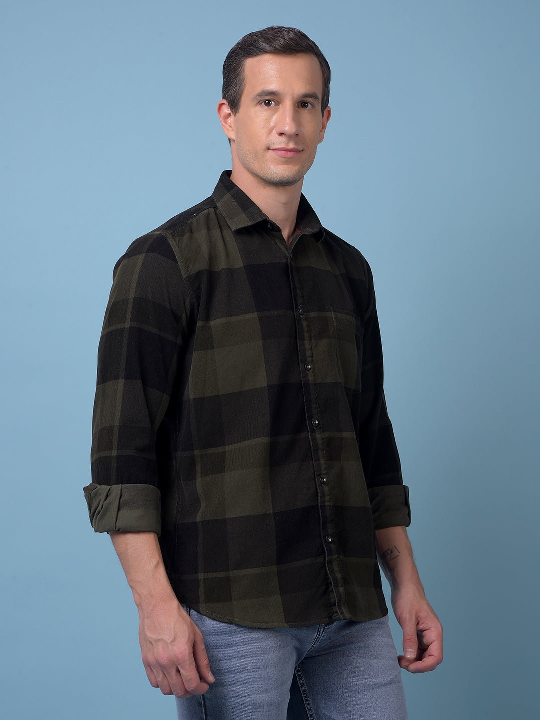 Olive Checked 100% Cotton Corduroy Shirt