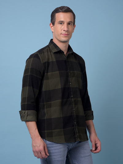Olive Checked 100% Cotton Corduroy Shirt