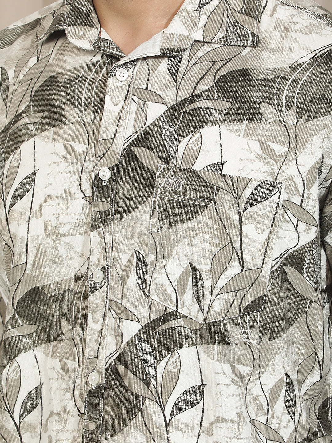 Brown 100% Cotton Botanical Printed Corduroy Shirt