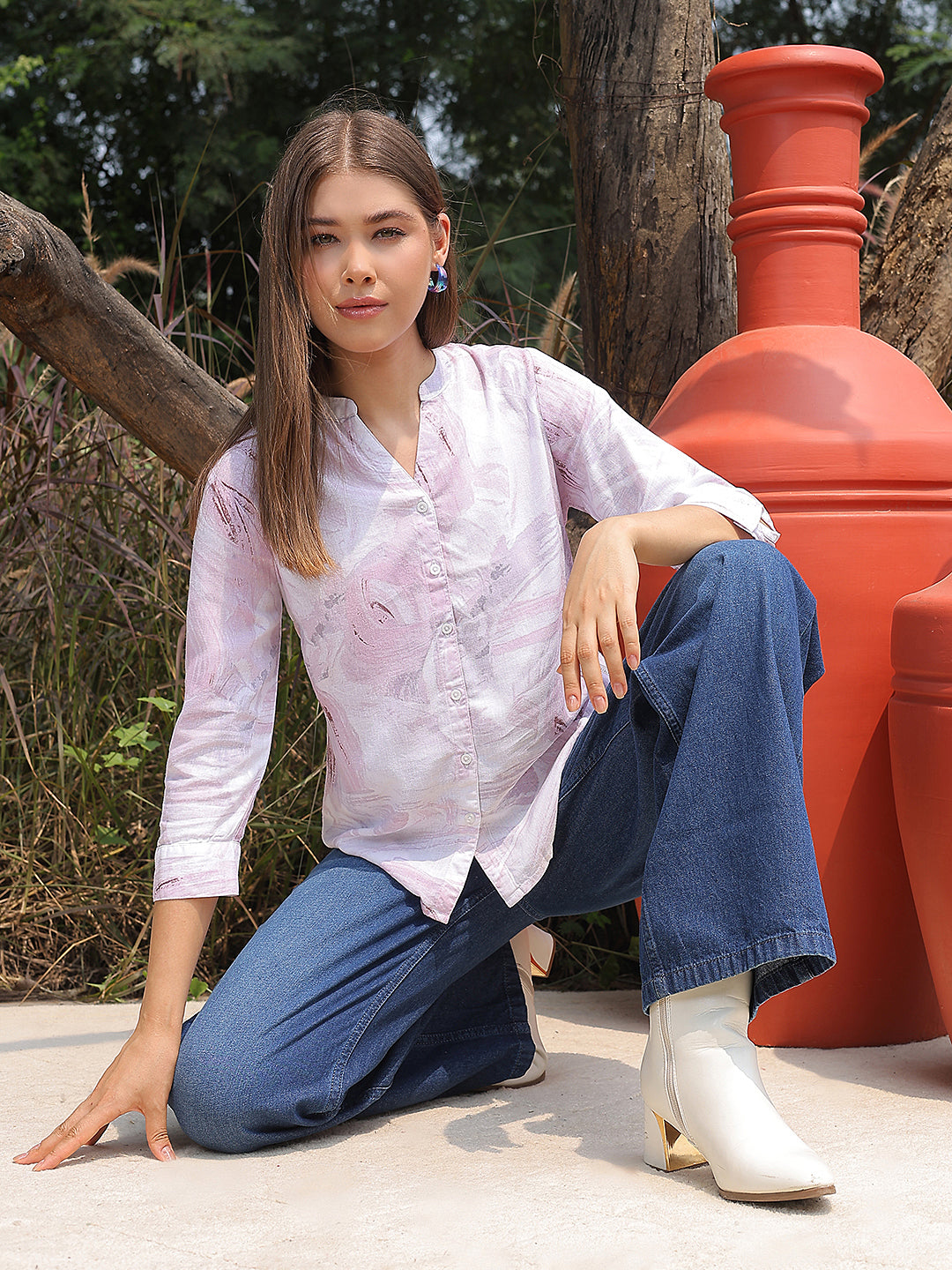 Purple Printed V-Neck Linen Shirt