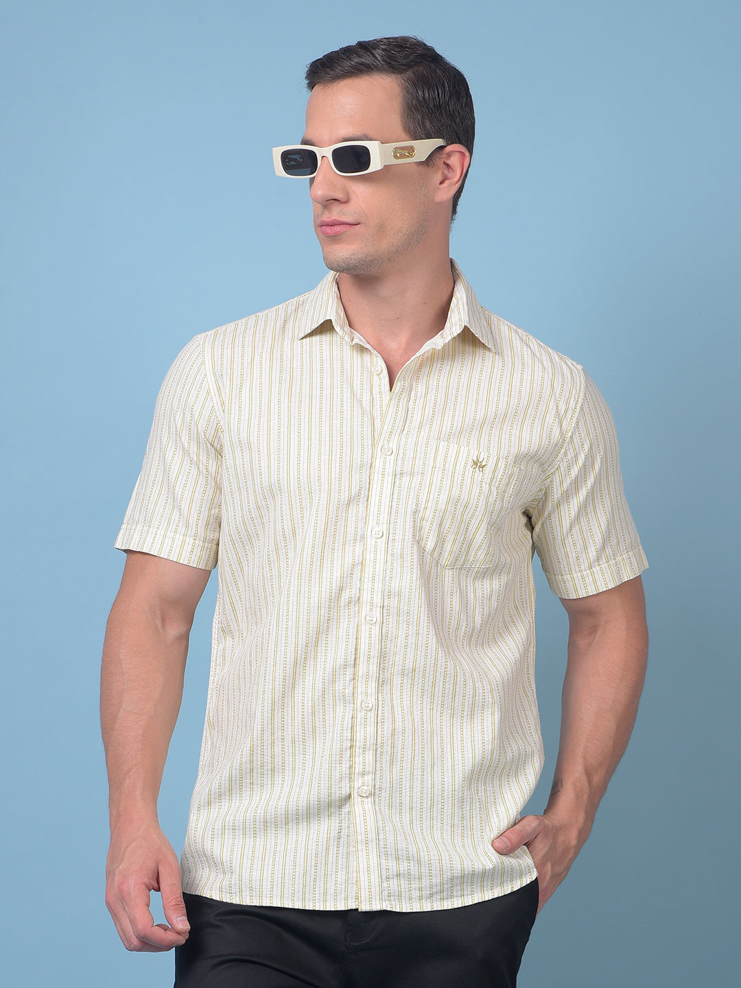 Olive Vertical Stripes 100% Cotton Shirt
