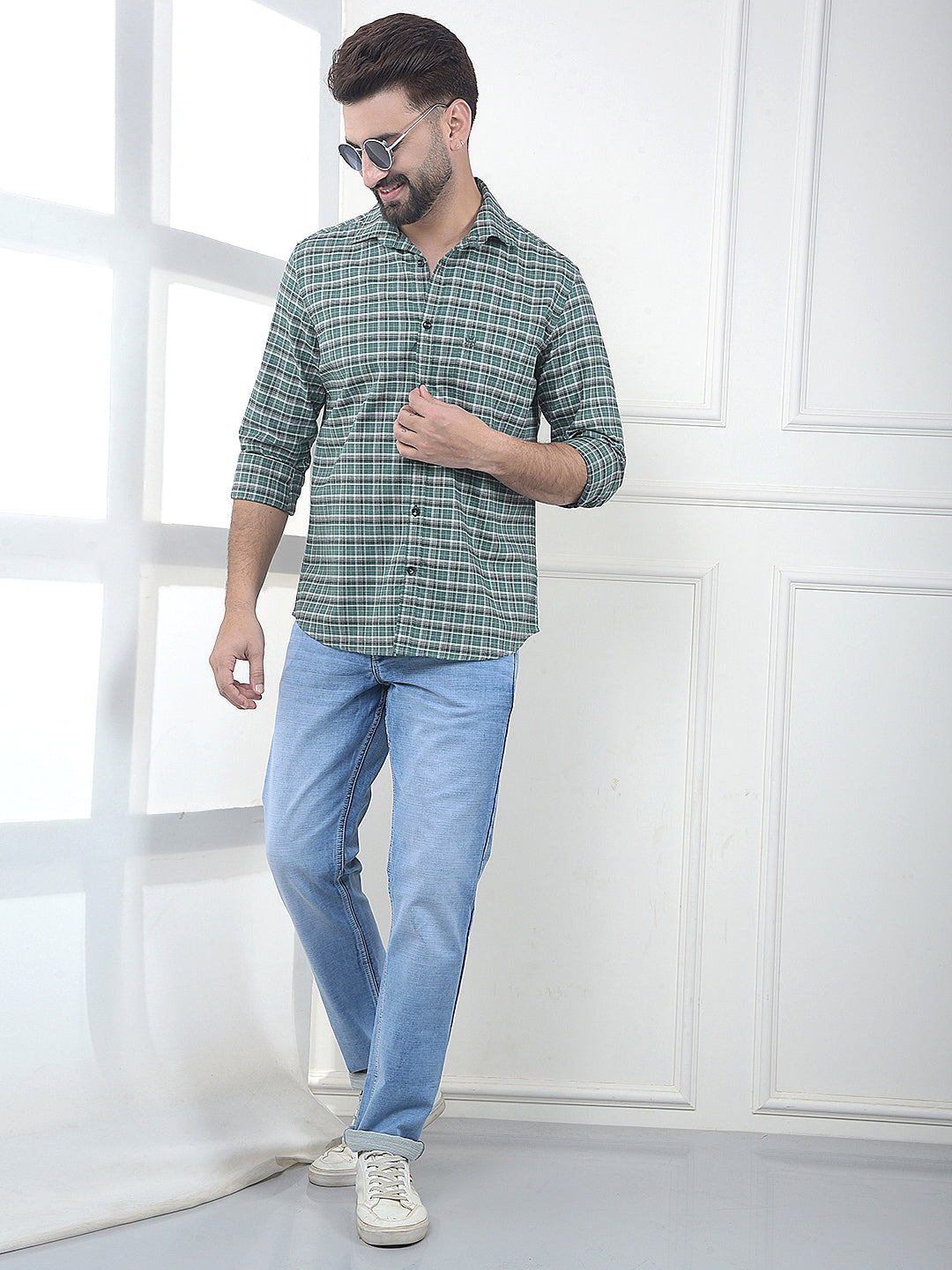 Quest Moss Green Checked 100% Cotton Shirt