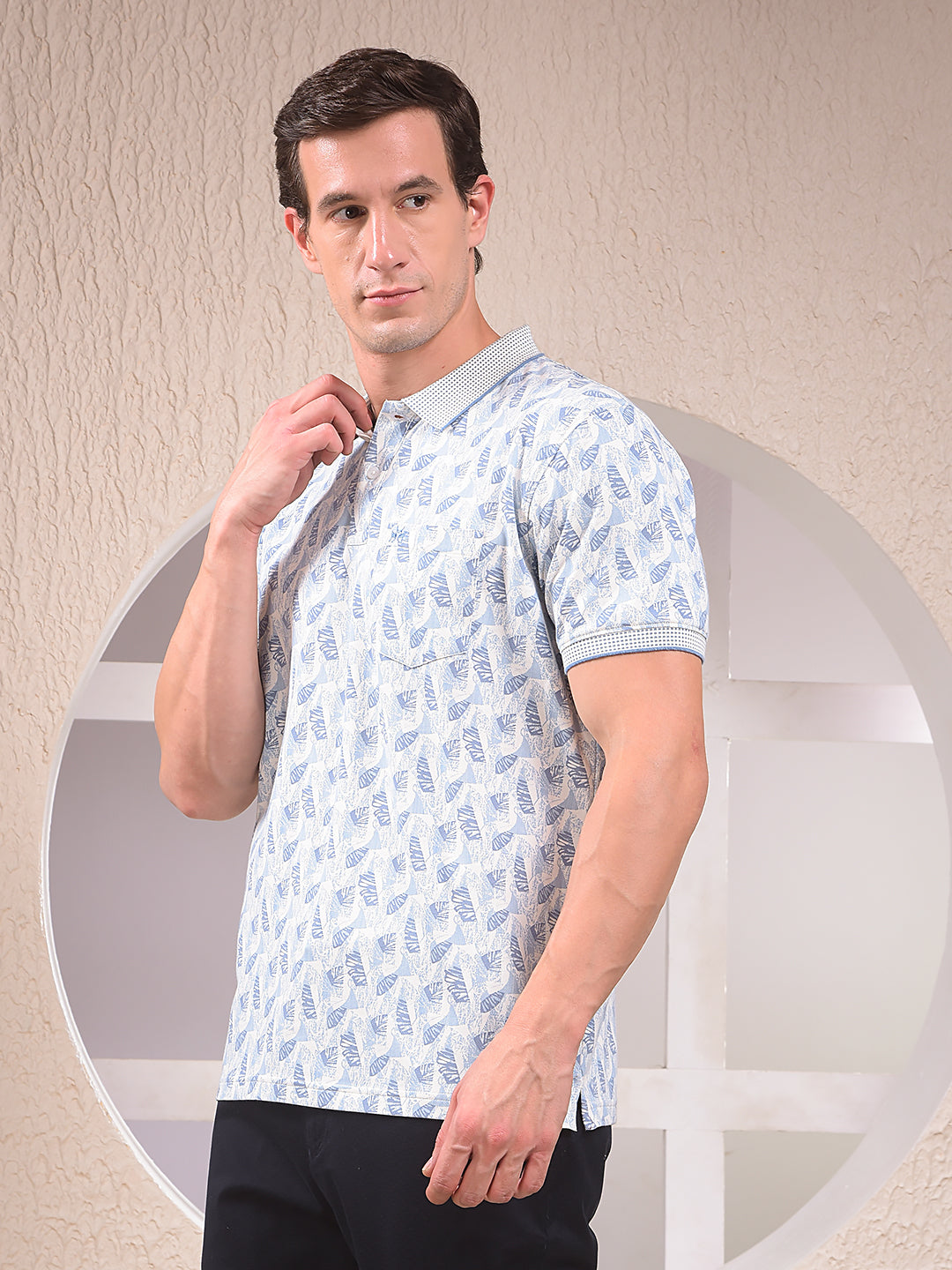 Blue Printed Polo Neck T-Shirt