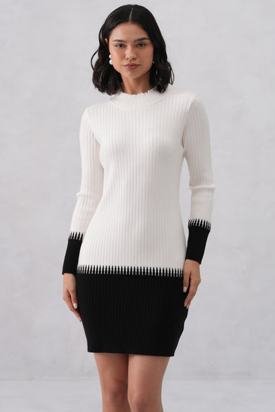 White Color-Block Winter Mini Dress