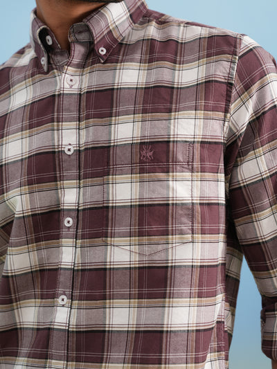 Wine Checked 100% Cotton Button-Down Collar Shirt