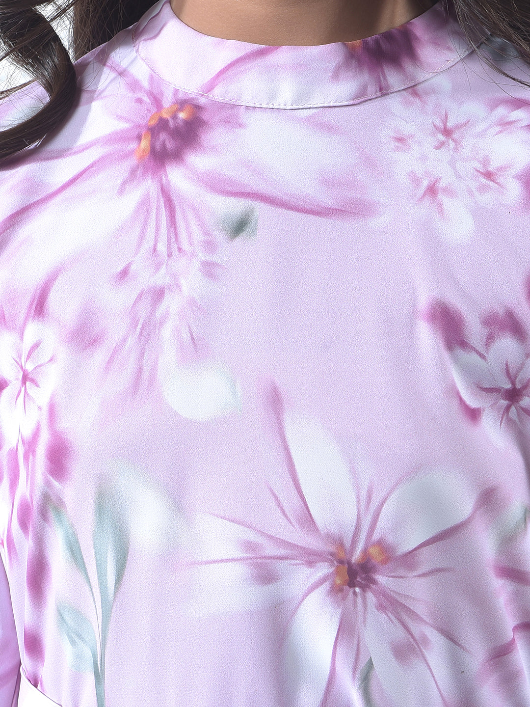 Purple Floral Print A-Line Dress With Belt