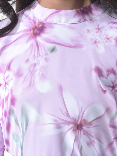Purple Floral Print A-Line Dress With Belt