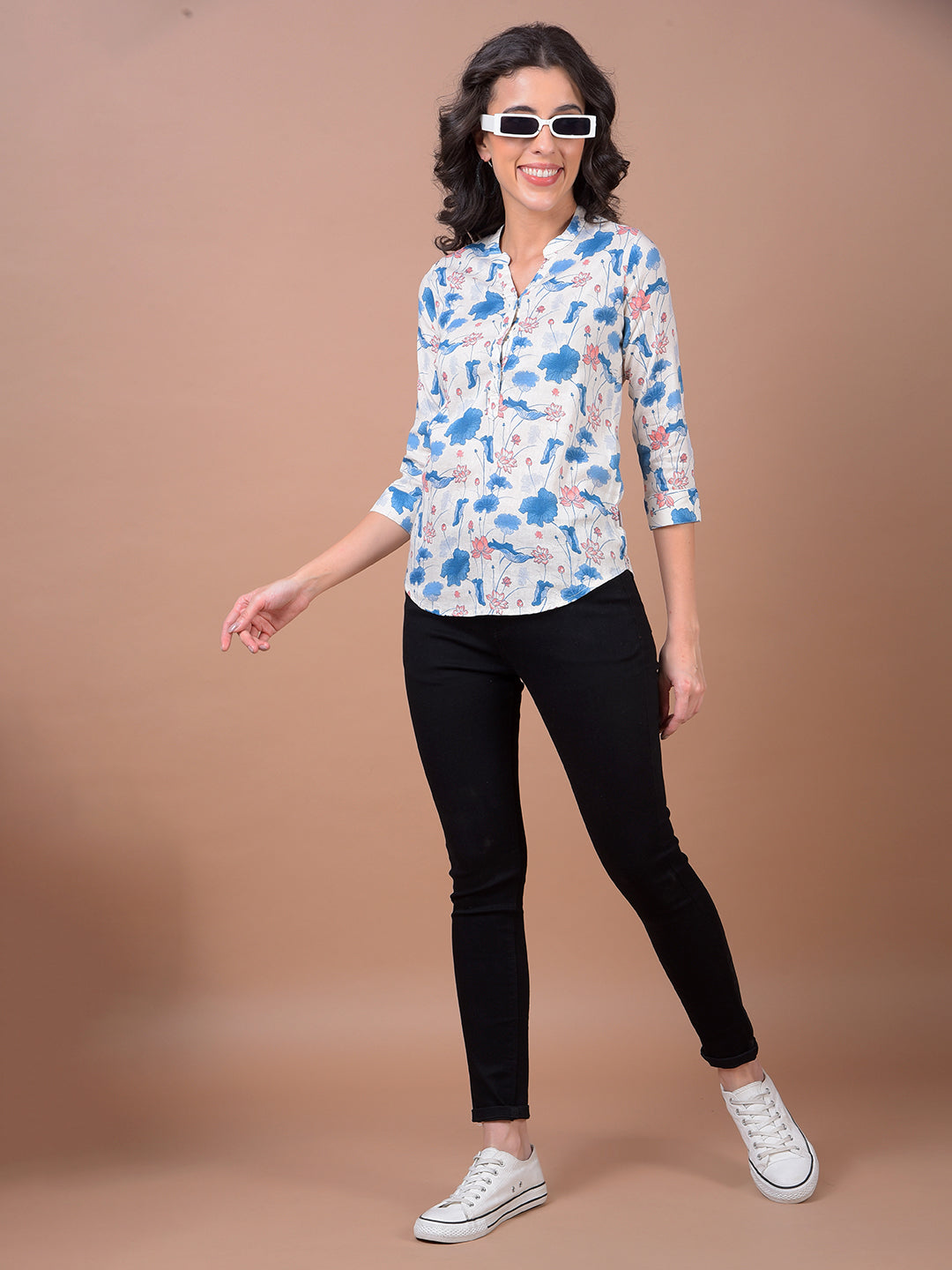 Blue Floral Print V-Neck Linen Top