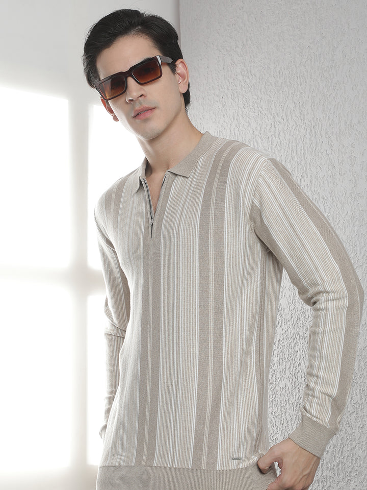 Beige 100% Cotton Verical Stripes Polo Neck Sweater