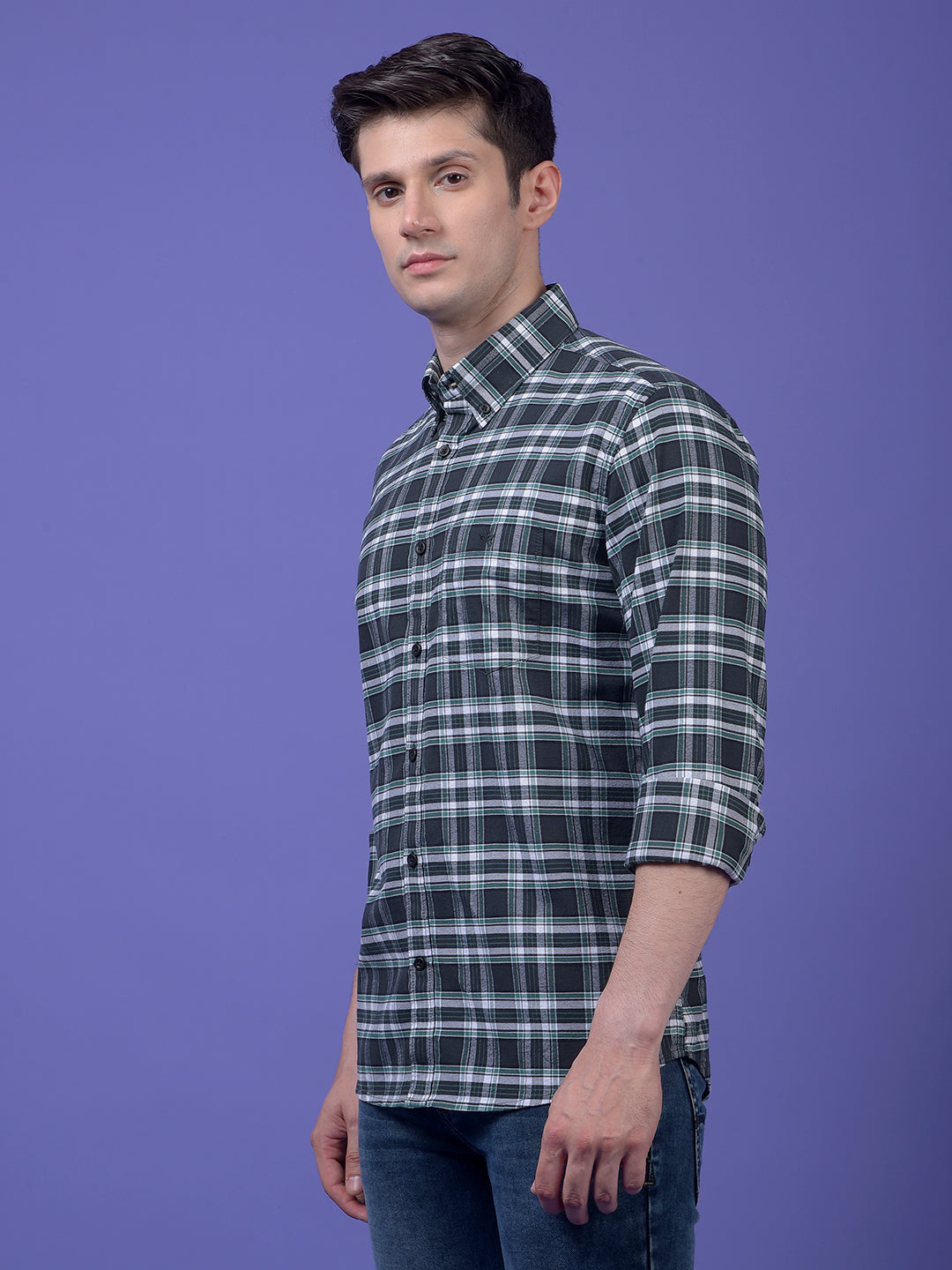 Green Checked Button-Down Collar 100% Cotton Shirt