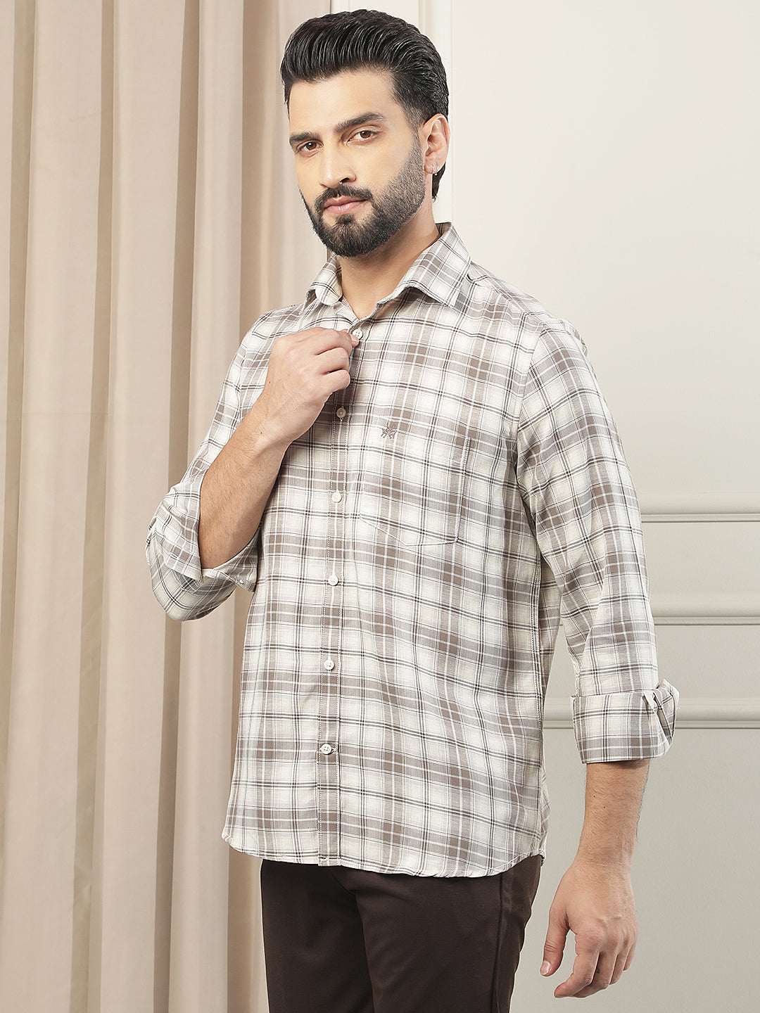 Brown Checked Linen Shirt