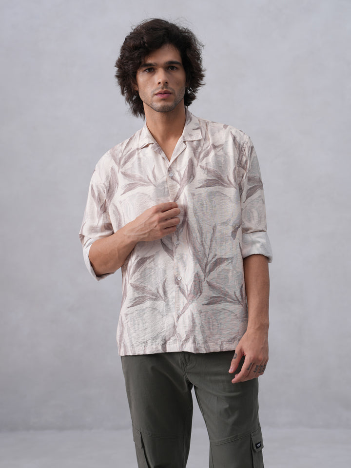 Beige Floral Print Resort-Collar Shirt