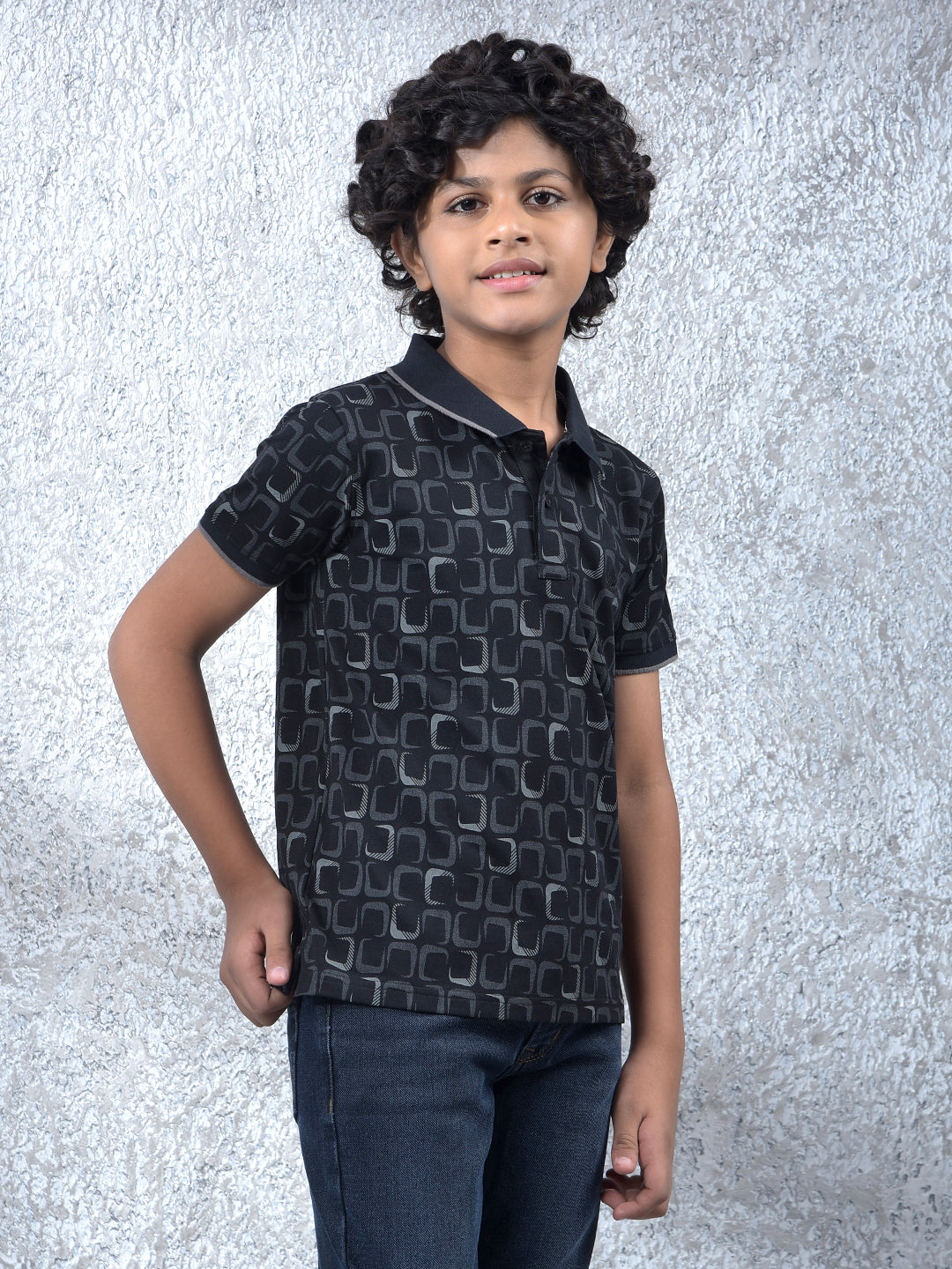 Black Printed Polo Neck T-Shirt