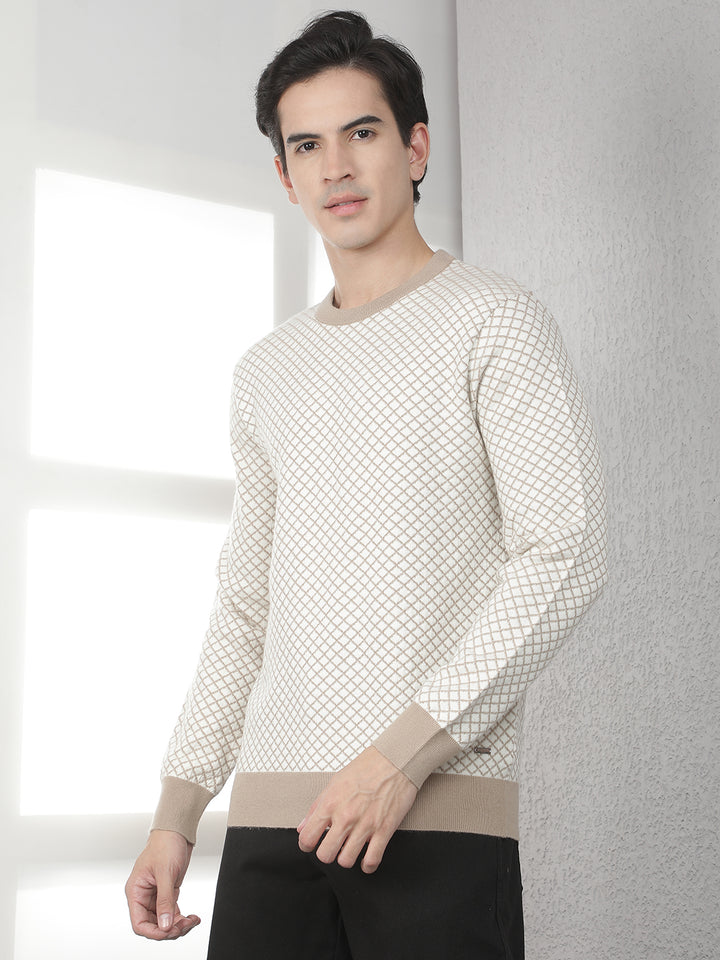 Beige Geometric Print Round Neck Sweater