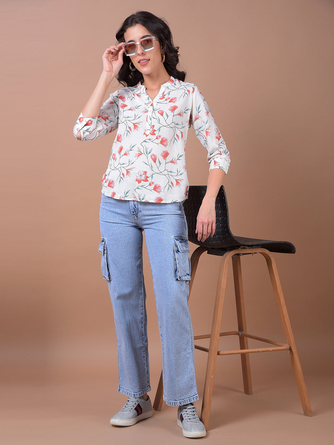 Green Floral Print V-Neck Linen Top