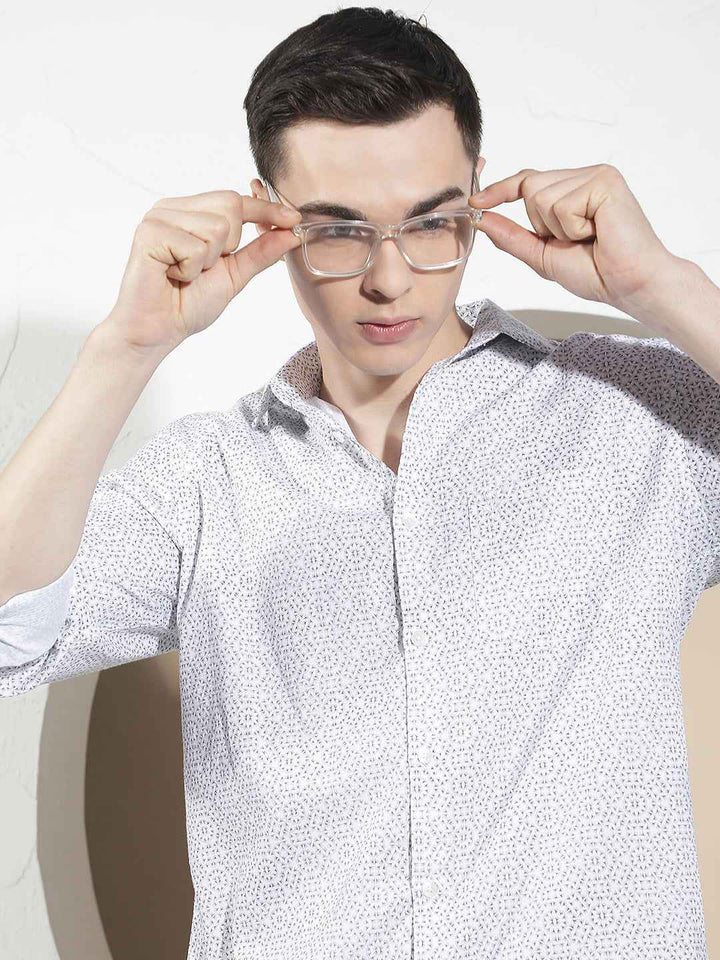 White Geometric Print 100% Cotton Shirt