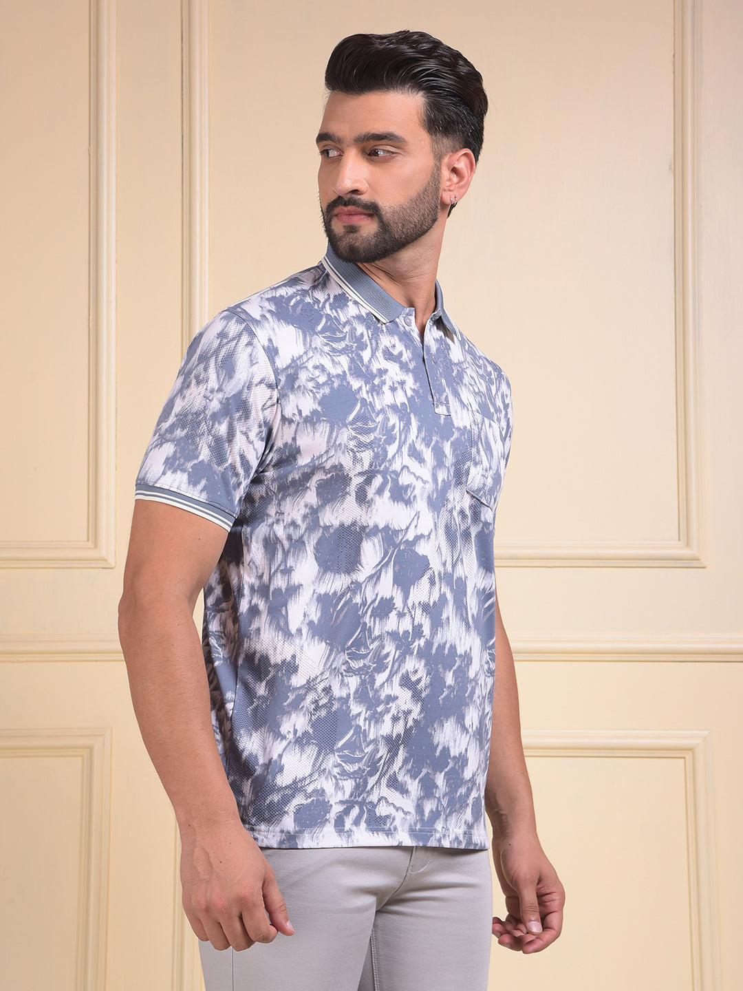 Blue Abstract Print Polo Neck T-Shirt