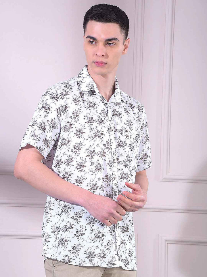White Linen Floral Print Shirt