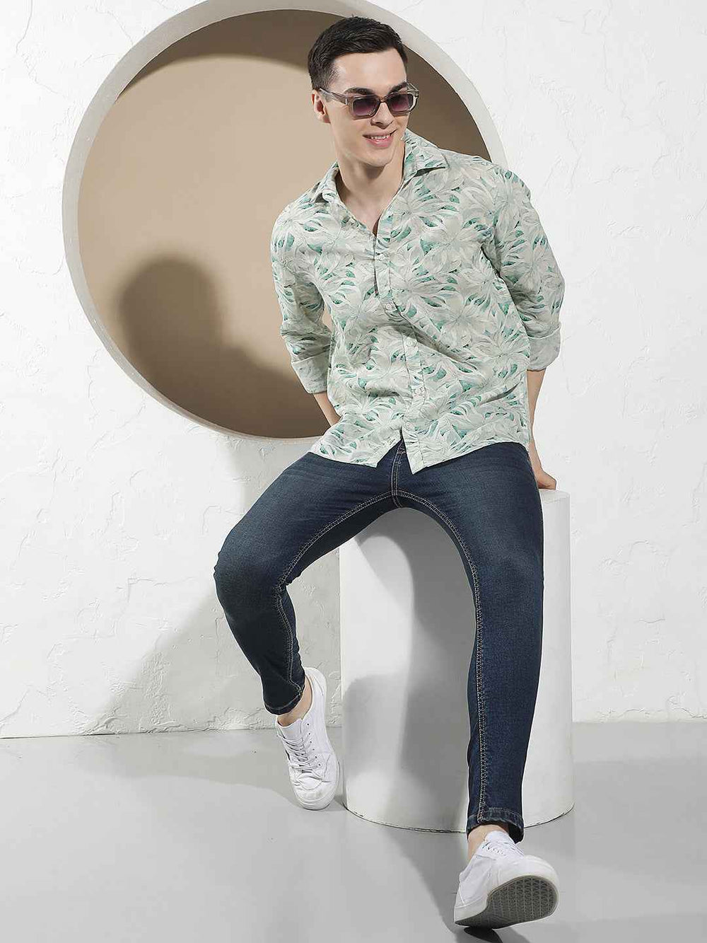 Green Floral Print Linen Shirt