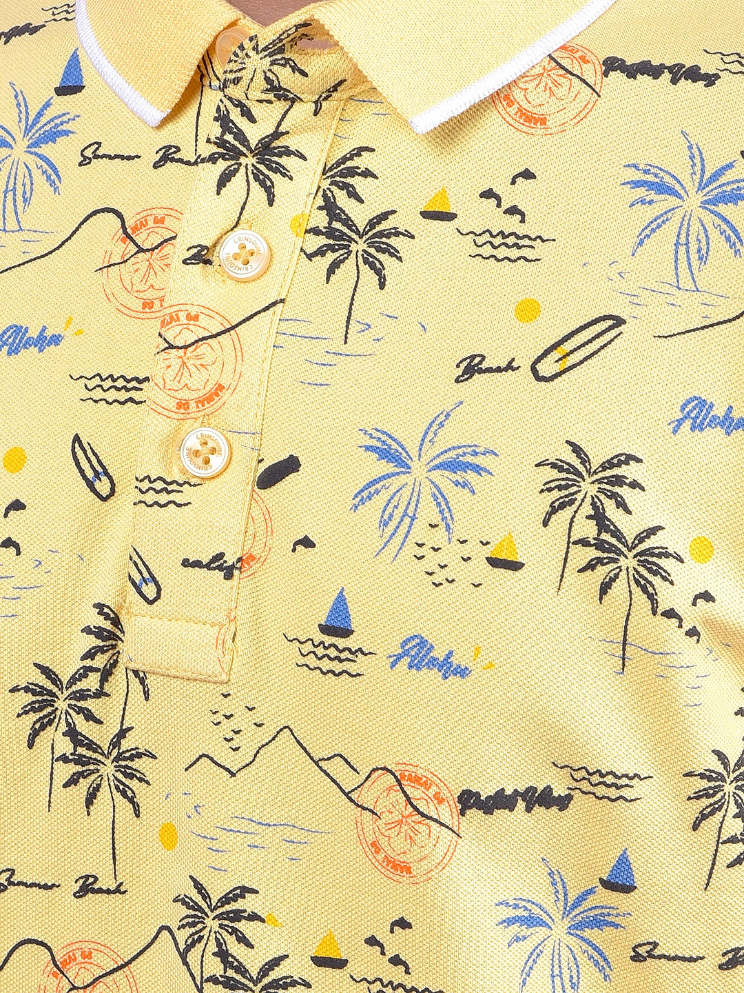 Yellow Floral Print Polo Neck T-Shirt