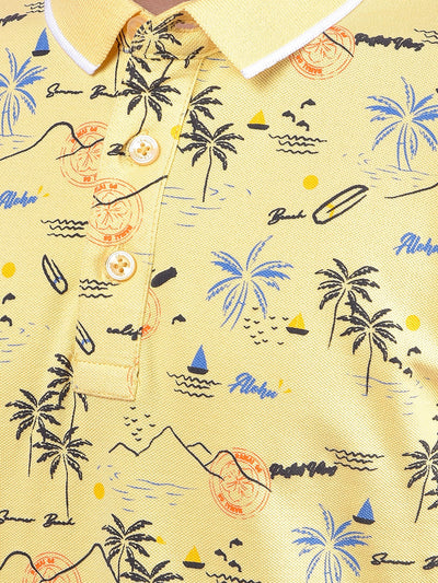 Yellow Floral Print Polo Neck T-Shirt