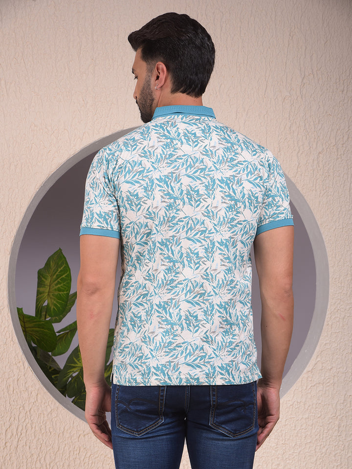 Blue Floral Print Polo Neck T-Shirt