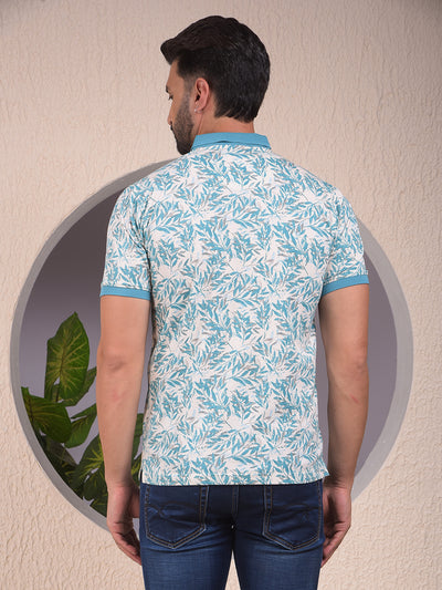 Blue Floral Print Polo Neck T-Shirt