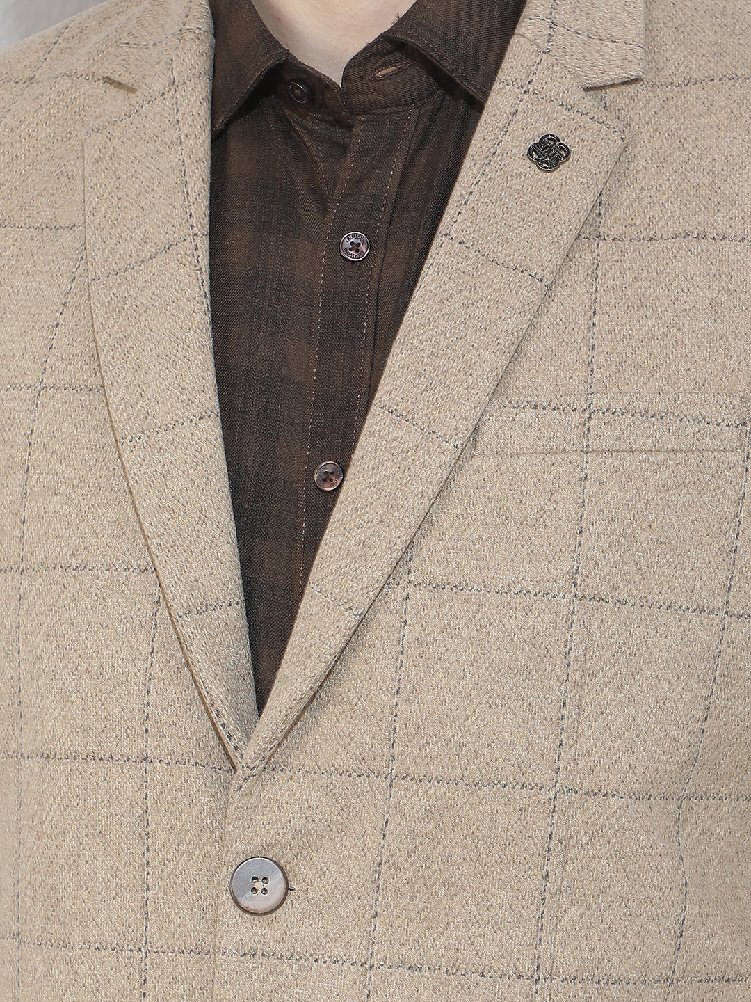 Beige Checked Notched Lapel Blazer