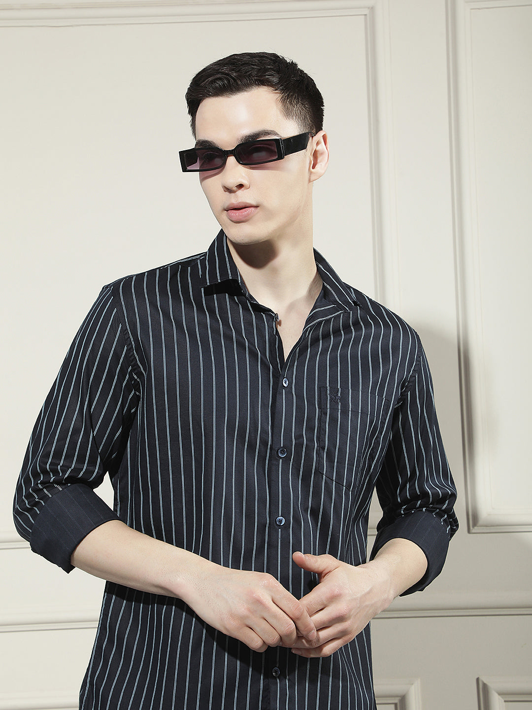 Navy Blue Vertical Striped Shirt