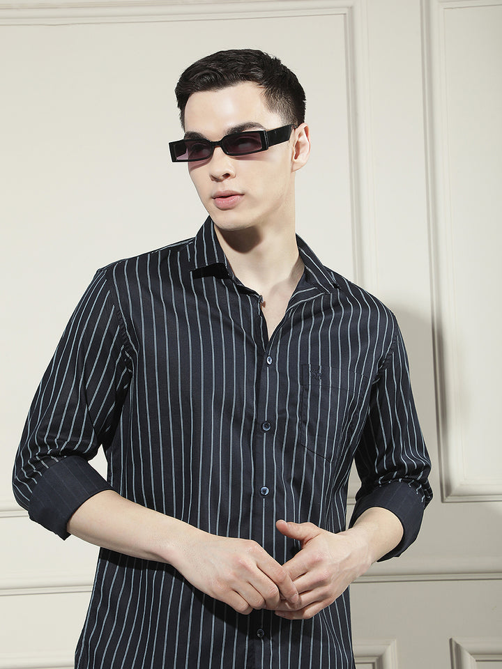 Navy Blue Vertical Striped Shirt