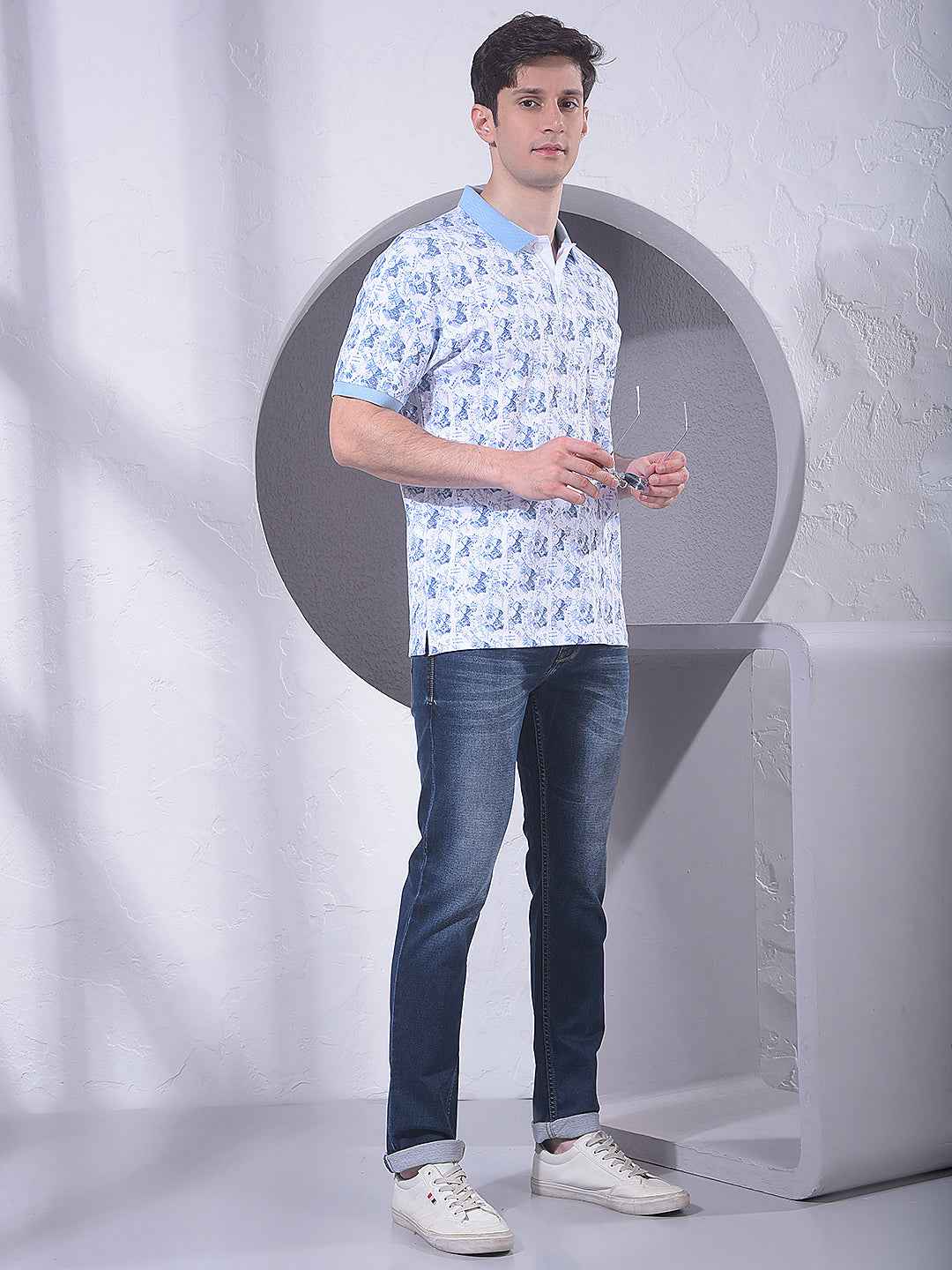 Blue 100% Cotton Geometric Print Polo T-Shirt