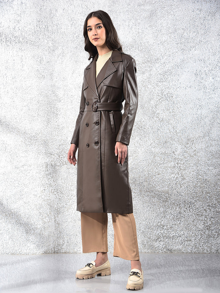 Brown Notched Lapel Leather Overcoat With Belt