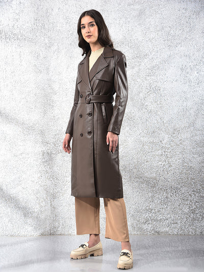 Brown Notched Lapel Leather Overcoat With Belt