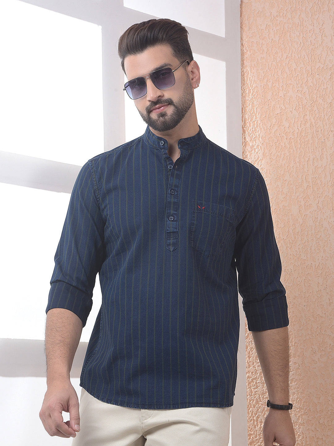 Striped 100% Cotton Green Kurta