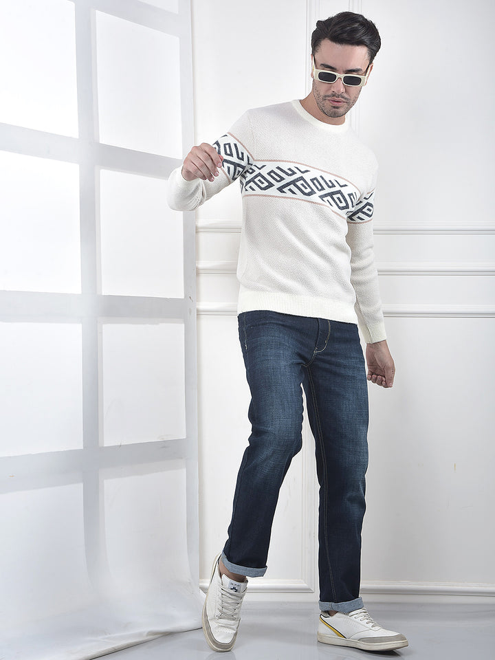 Cream Geometric Printed Pullover Sweater