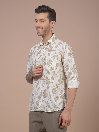Khaki Floral Print Linen Shirt