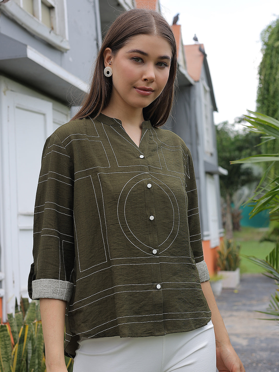 Olive Graphic Print V-Neck Shirt