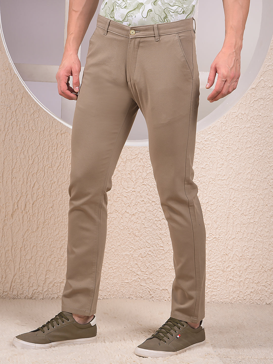 Stone Khaki Textured Fit Trousers