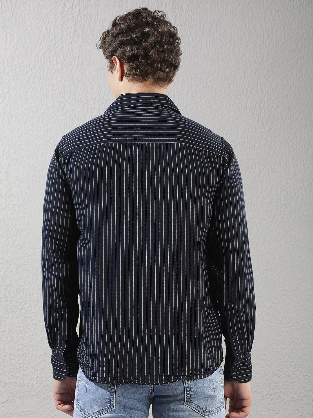 Navy Blue 100% Cotton Verical Stripes Shirt