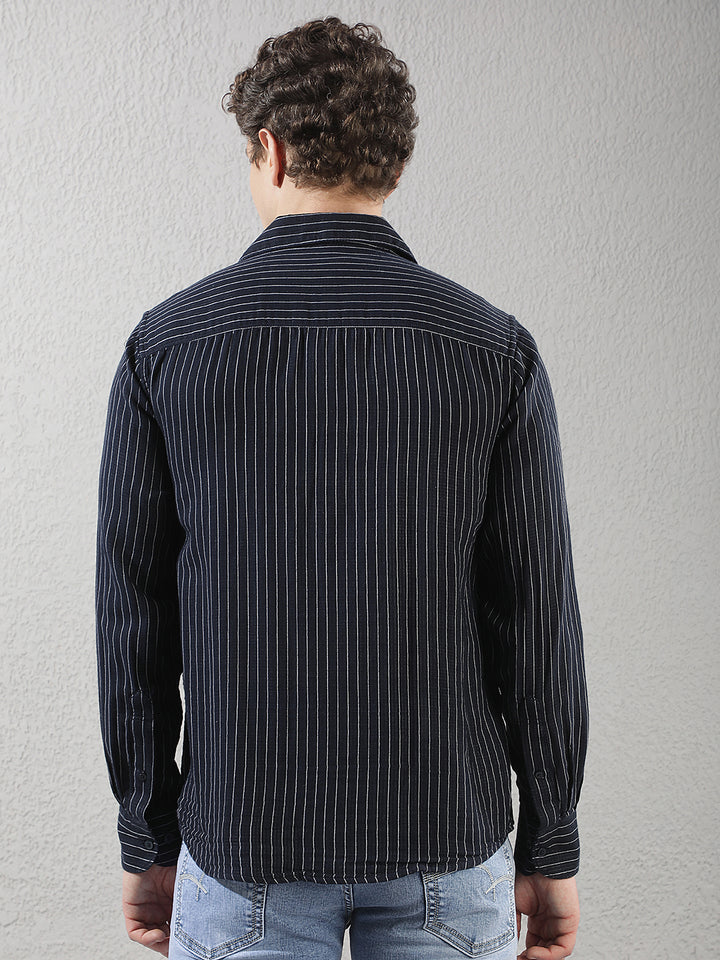 Navy Blue 100% Cotton Verical Stripes Shirt