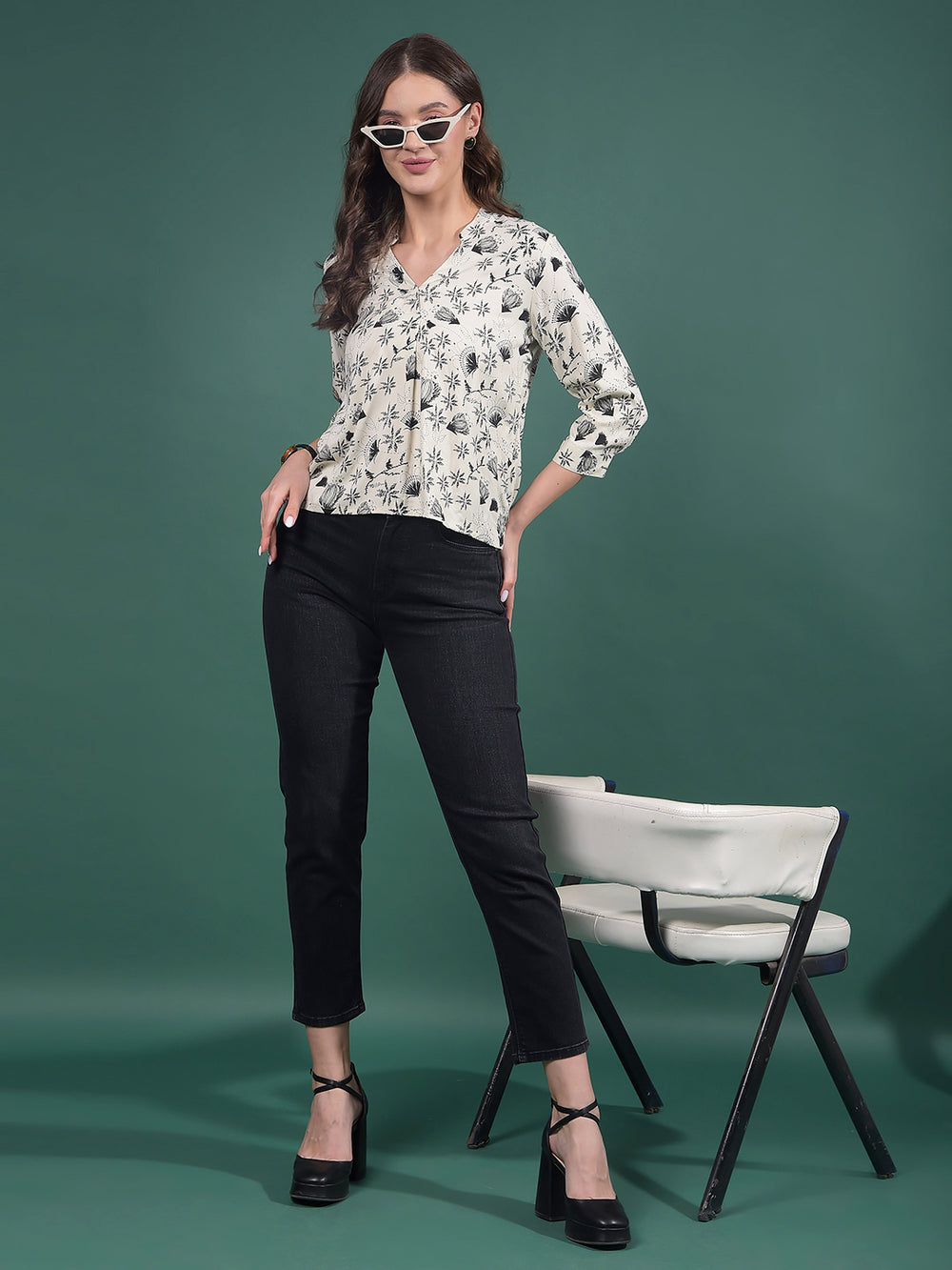 White Floral Print V-Neck Top