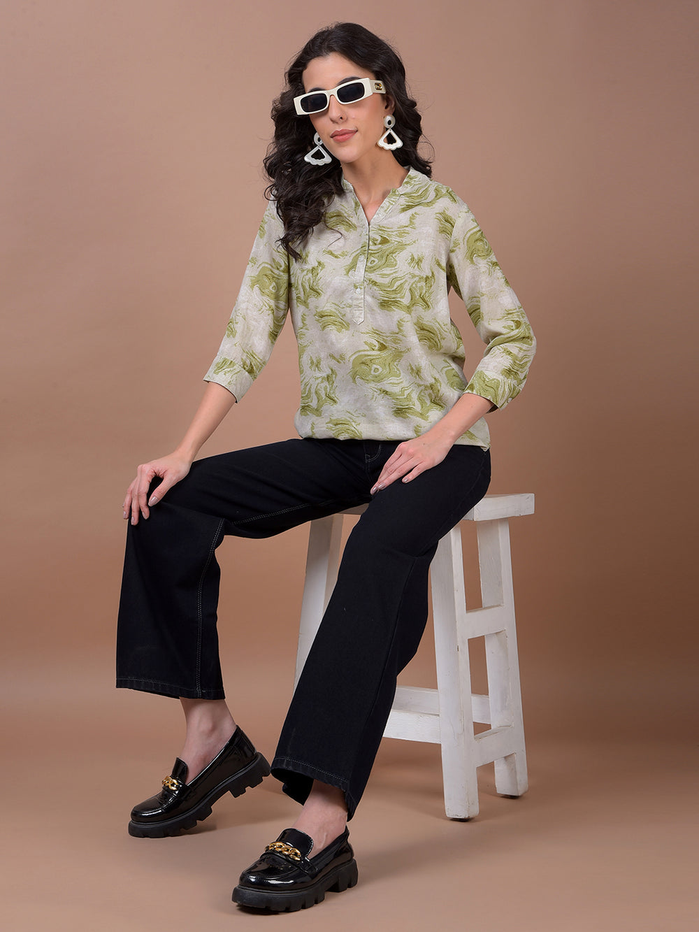 Green Printed V-Neck Linen Top