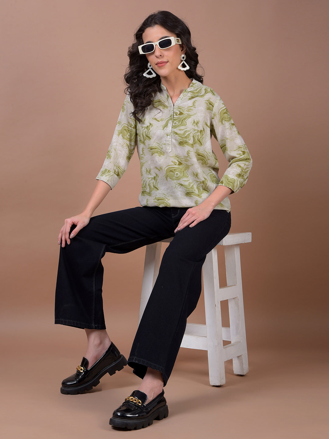 Green Printed V-Neck Linen Top