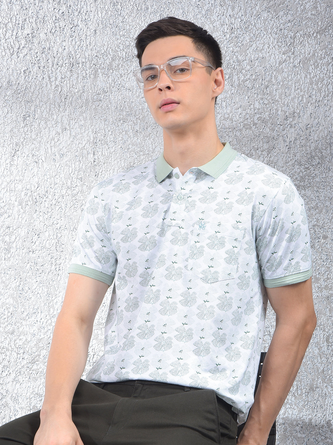 Green Floral Print Polo Neck T-Shirt